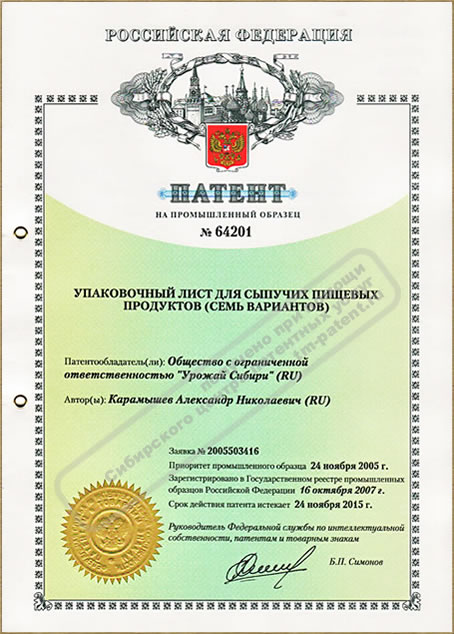 Образец патента РФ на промышленный образец